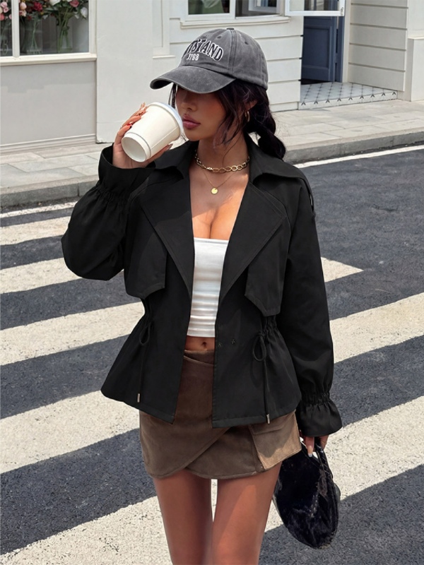 翻领收腰抽绳显瘦短款风衣外套