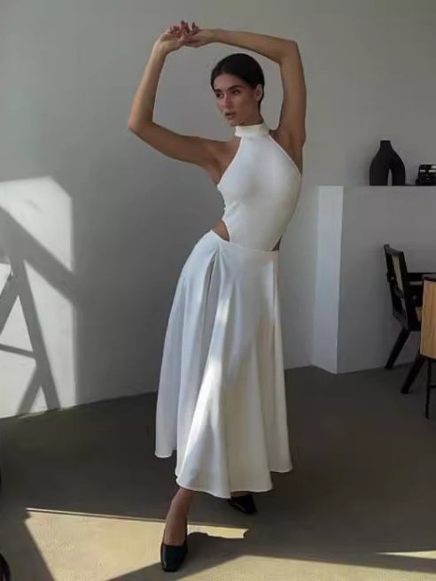 Elegant high-waist satin mid-length skirt