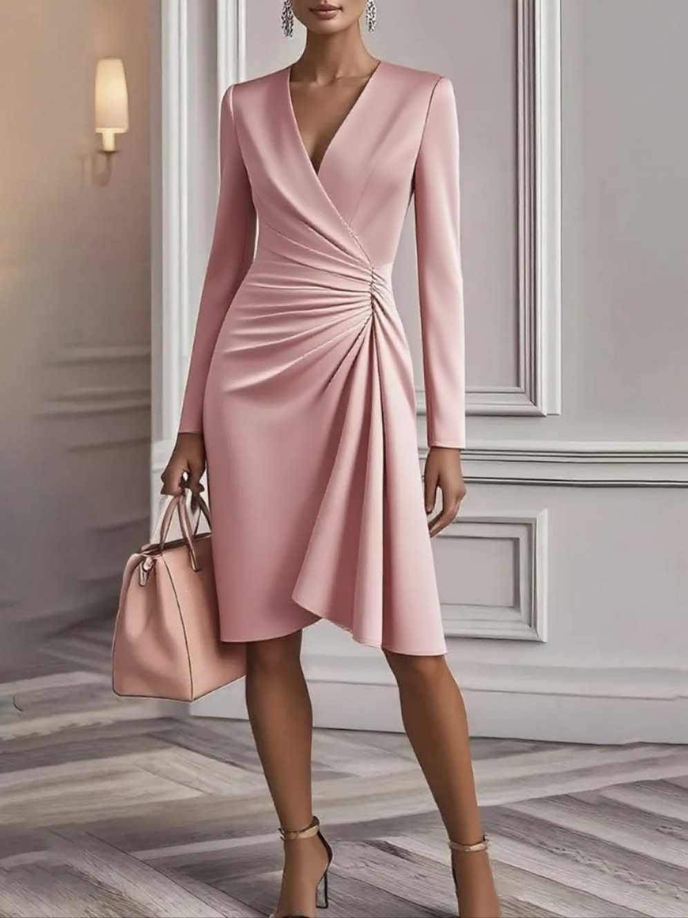 Crossover V-Neck Fitted Waist Solid Long-Sleeve Dress