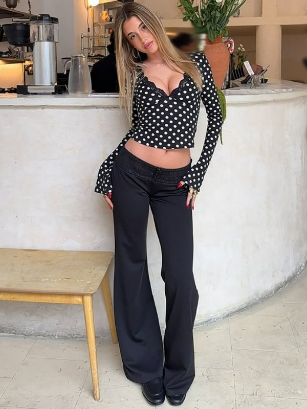 French Polka Dot Print V-Neck Lace Trim Long Sleeve T-Shirt