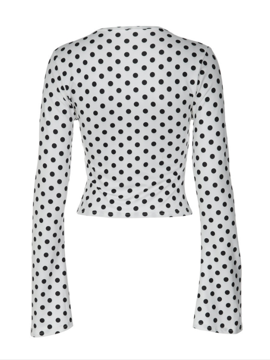 French Polka Dot Print V-Neck Lace Trim Long Sleeve T-Shirt