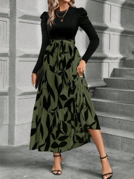 Elegant color-block high-waist floral print dress