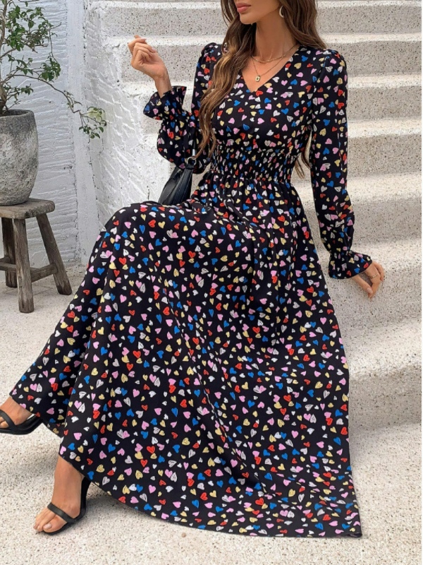 Printed V-Neck Long Sleeve Flared Dress