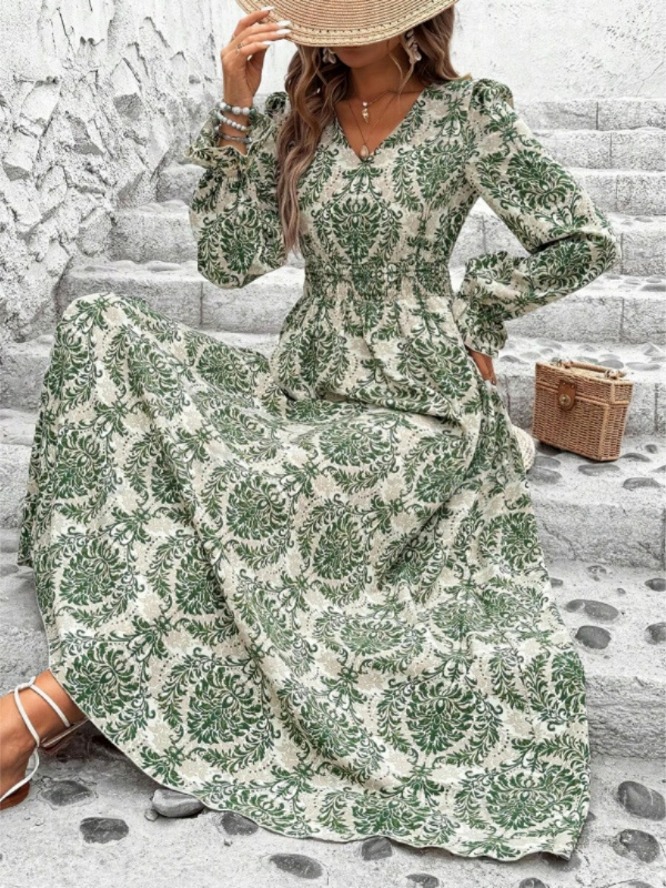 Printed V-Neck Long Sleeve Flared Dress