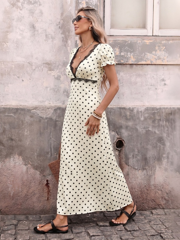 French Vacation Style Puff Sleeve Polka Dot Lace V-Neck Dress