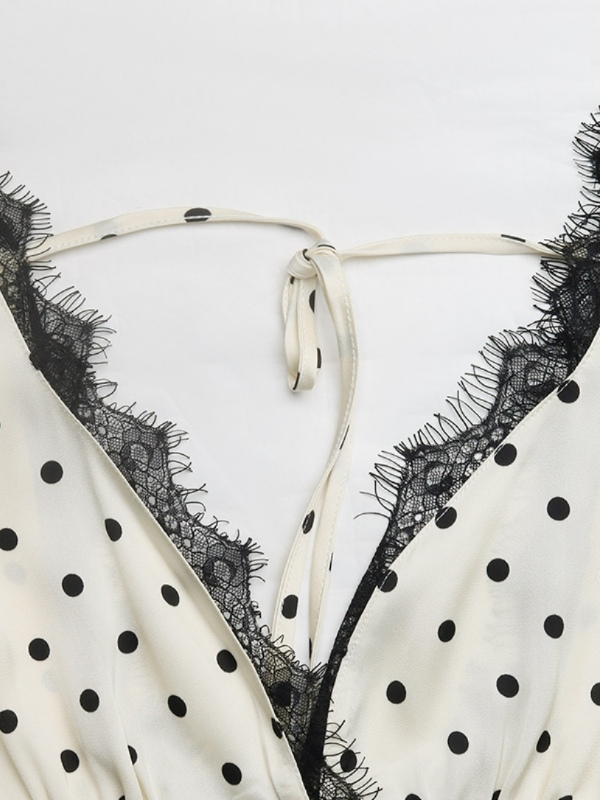 French Vacation Style Puff Sleeve Polka Dot Lace V-Neck Dress