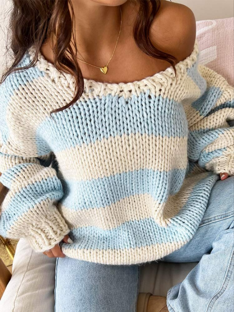 Off-Shoulder Striped Knit Sweater, Relaxed Fit