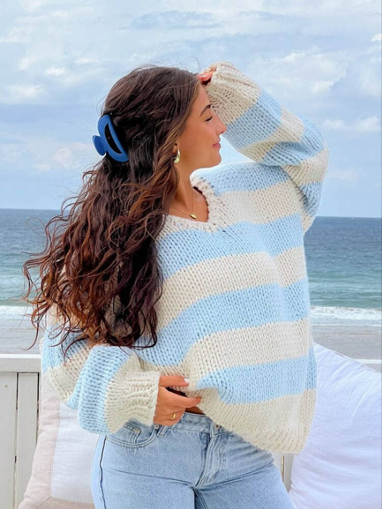 Off-Shoulder Striped Knit Sweater, Relaxed Fit