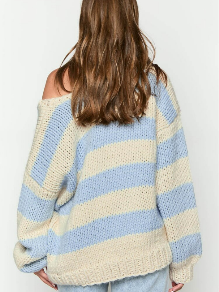 Off-Shoulder Striped Knit Sweater, Relaxed Fit