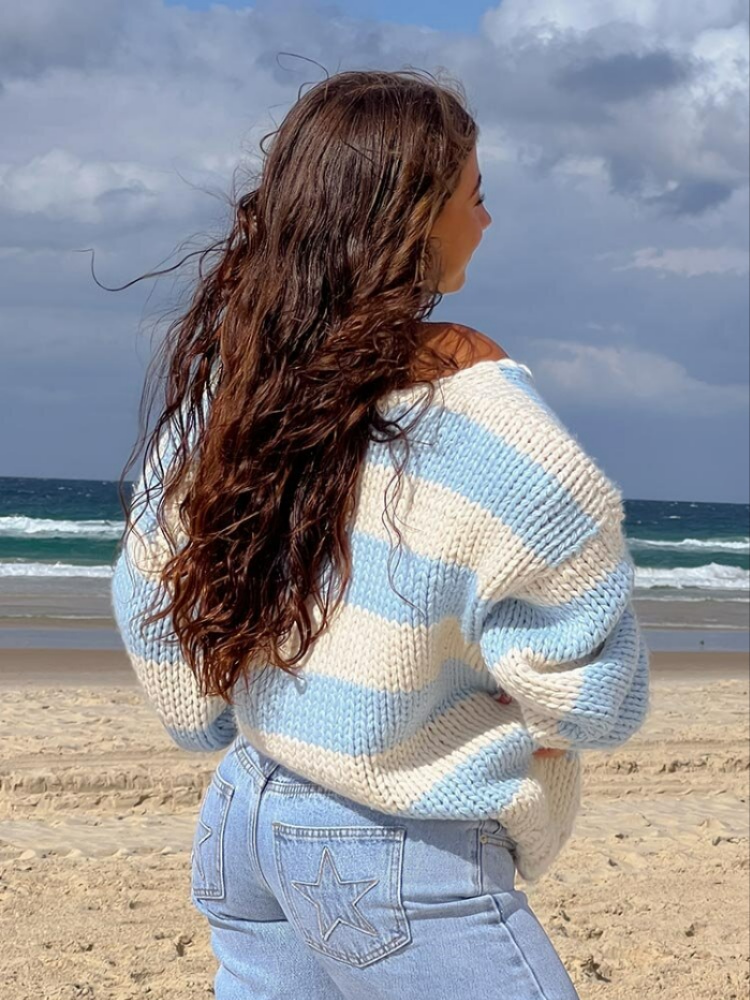 Off-Shoulder Striped Knit Sweater, Relaxed Fit