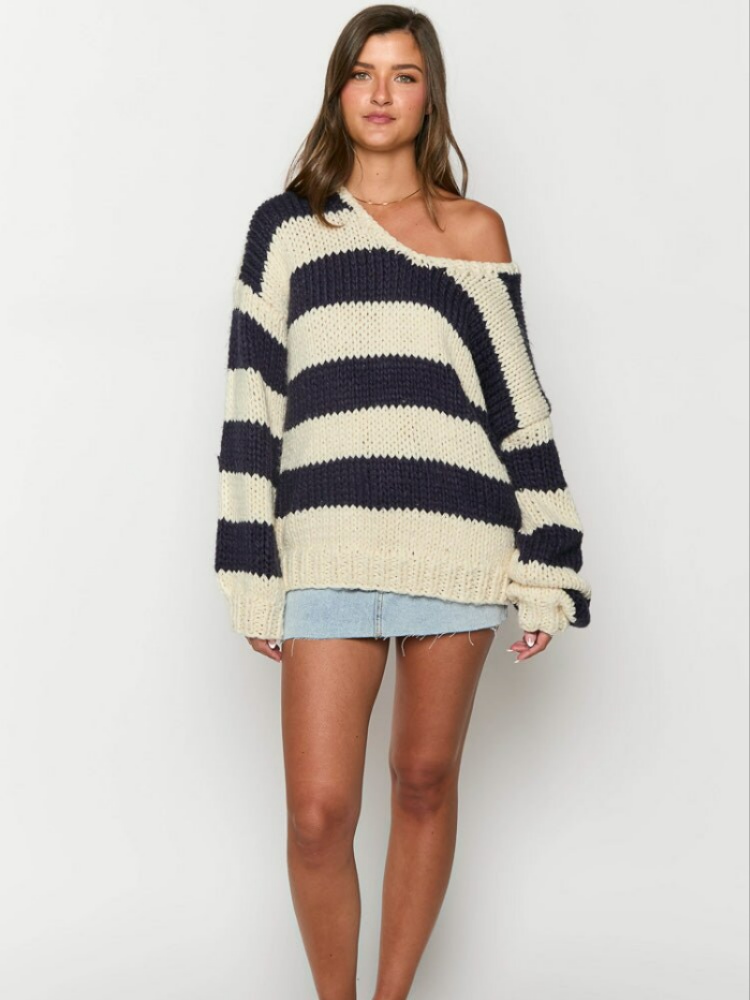 Off-Shoulder Striped Knit Sweater, Relaxed Fit