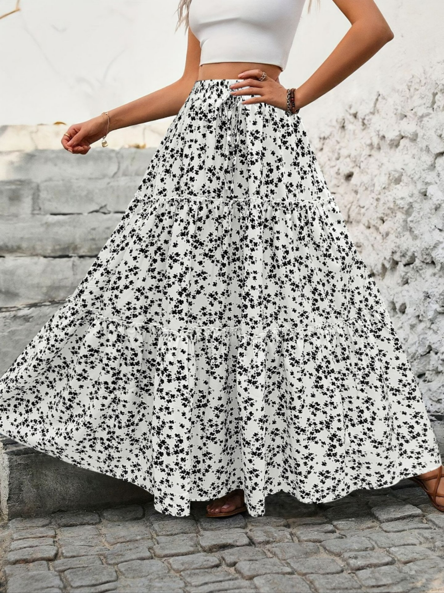 Floral print three-tier maxi skirt