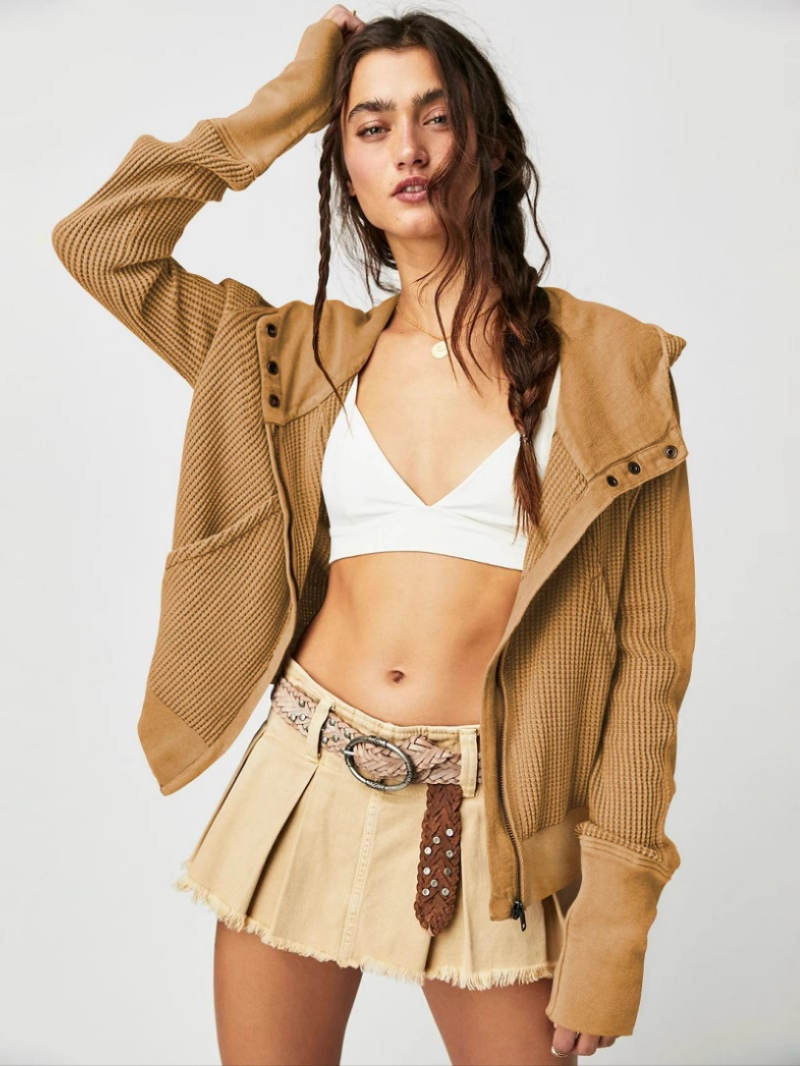 Paneled zip-up cropped hoodie with relaxed fit