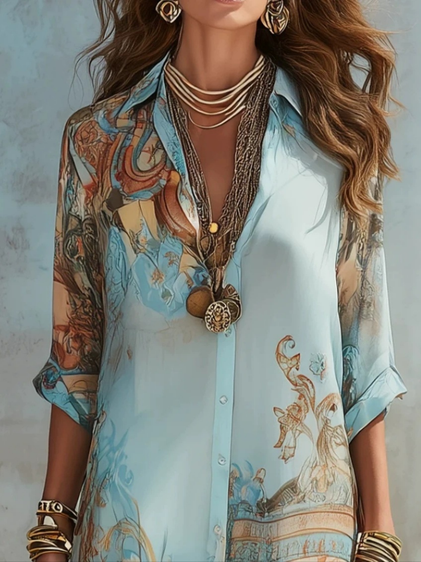 雪纺数码印花清新复古飘逸连衣裙