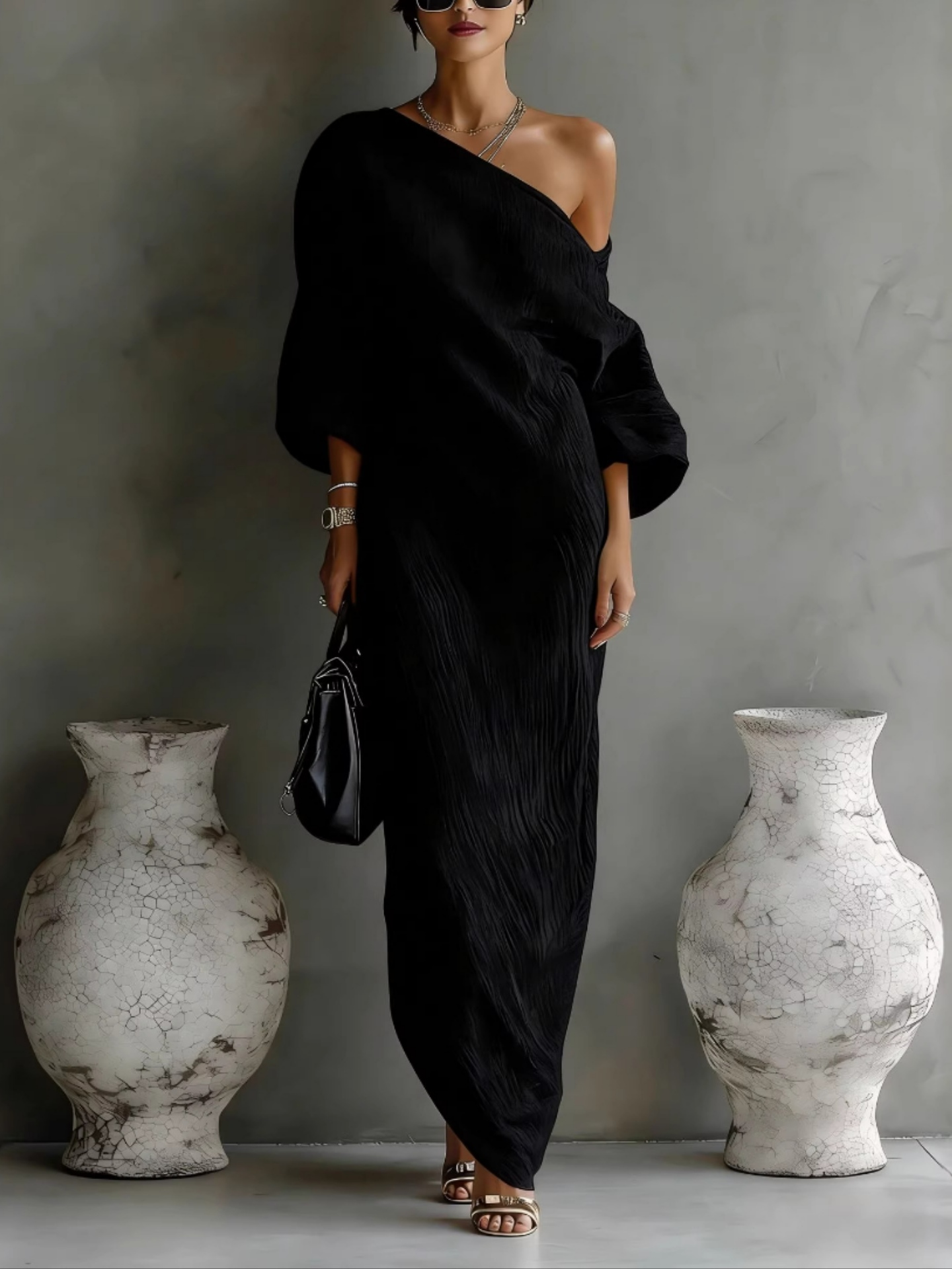 Stylish long-sleeve off-shoulder long mid-waist dress
