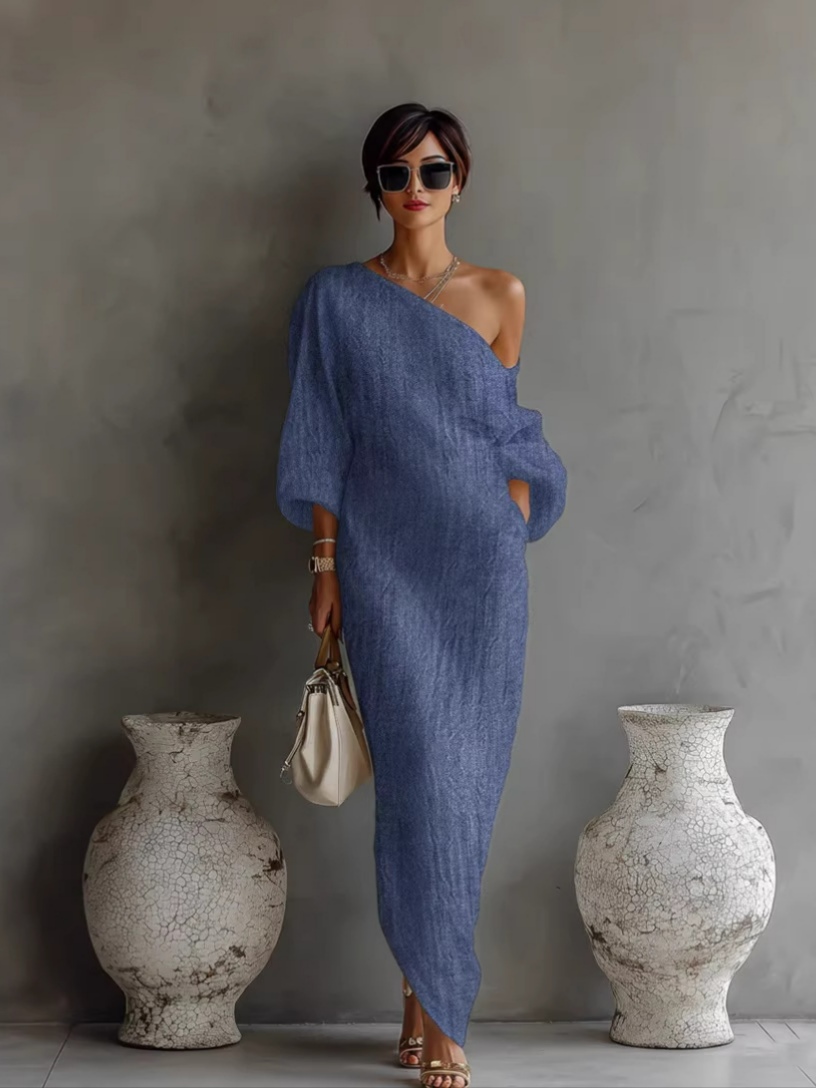 Stylish long-sleeve off-shoulder long mid-waist dress