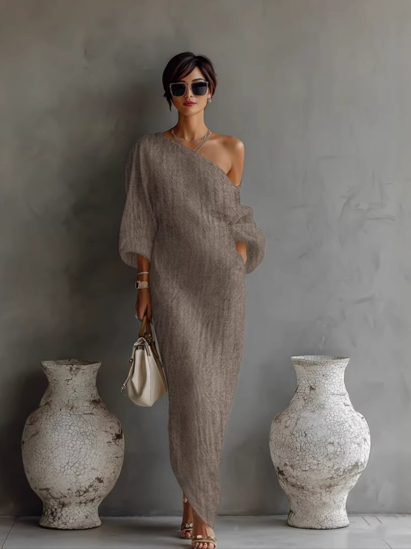 Stylish long-sleeve off-shoulder long mid-waist dress