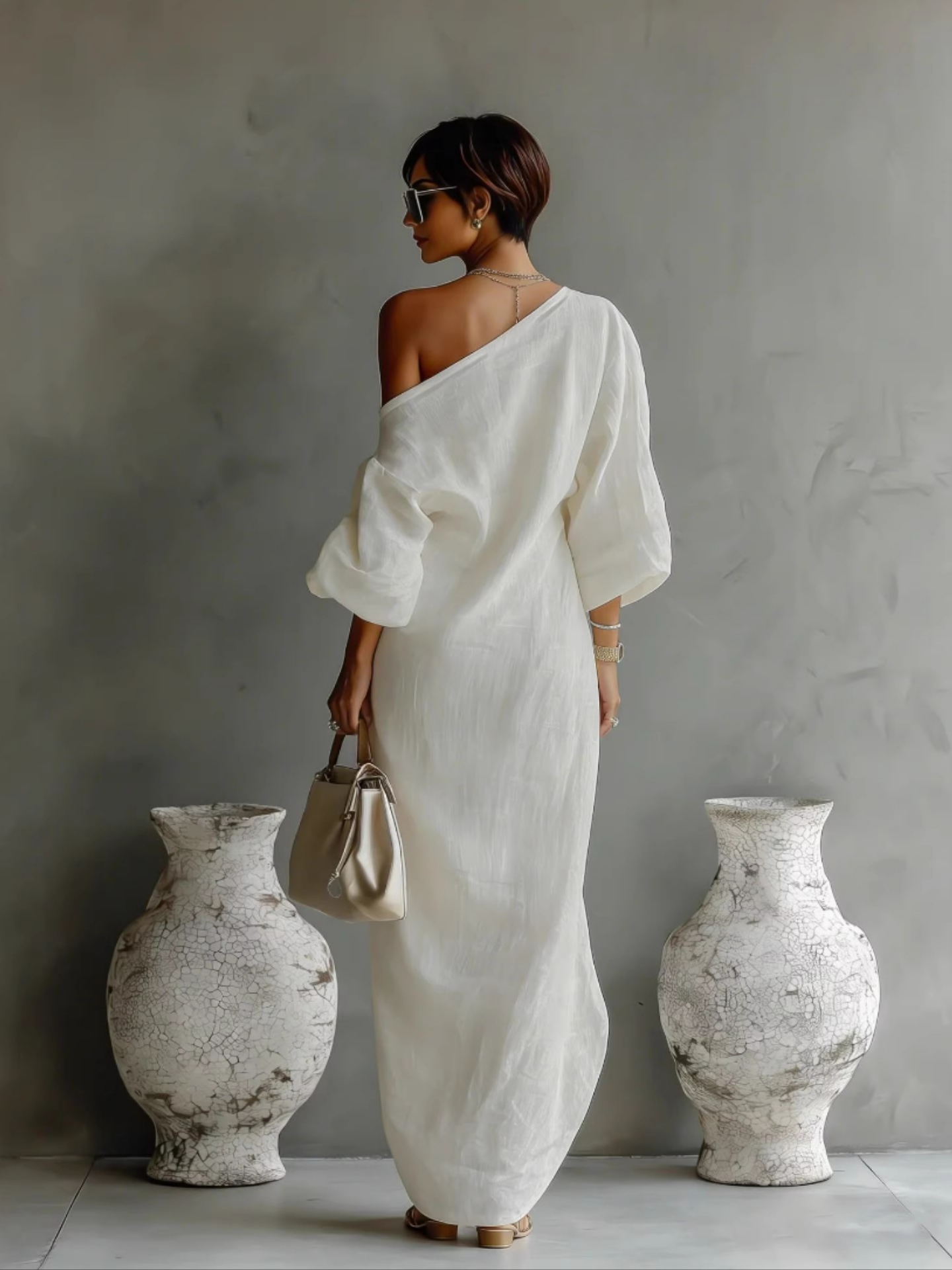 Stylish long-sleeve off-shoulder long mid-waist dress