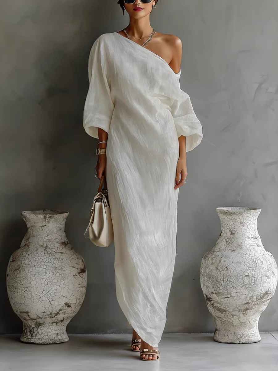 Stylish long-sleeve off-shoulder long mid-waist dress