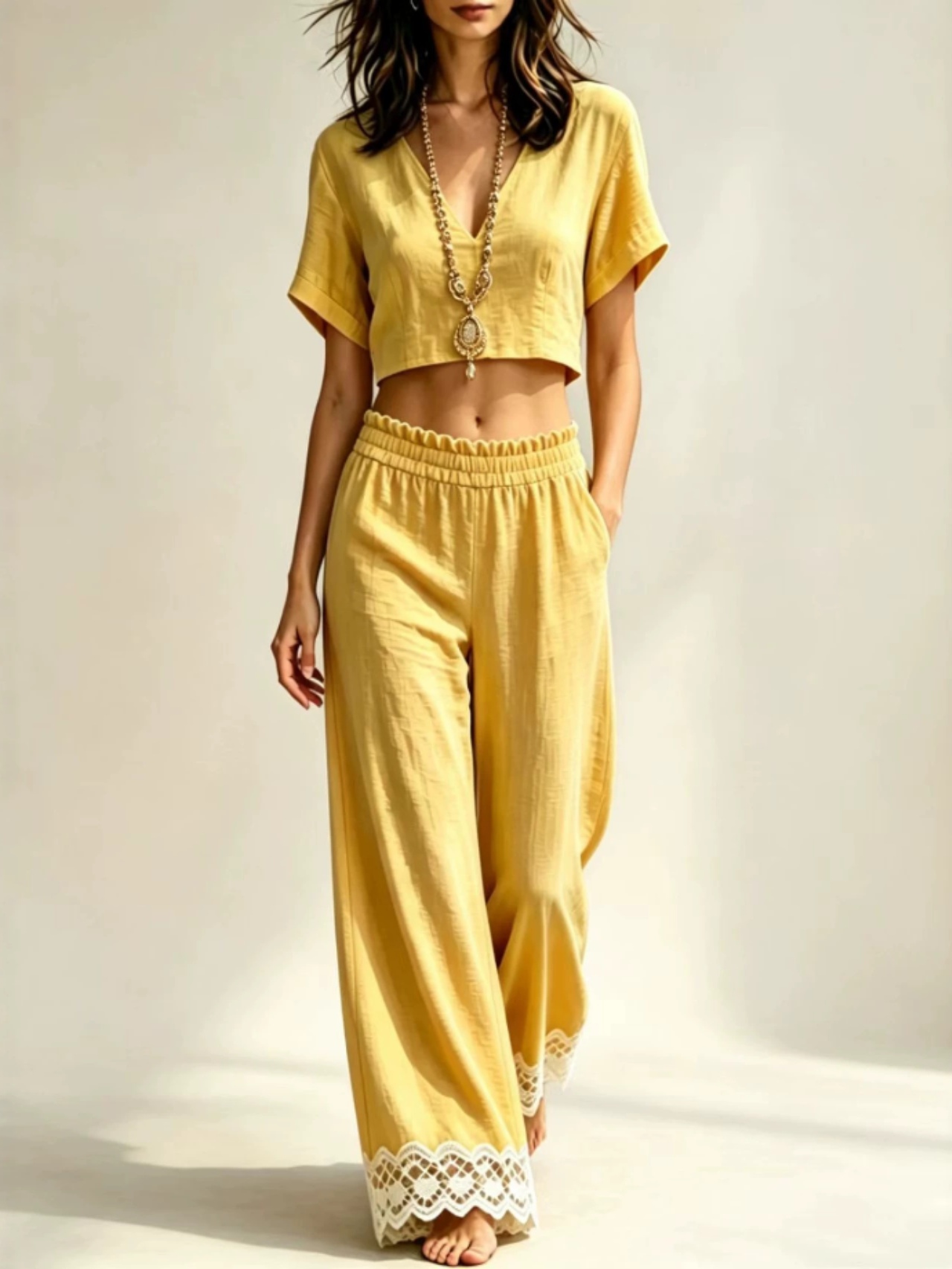 V-neck short-sleeve top and lace-trim wide-leg pants set