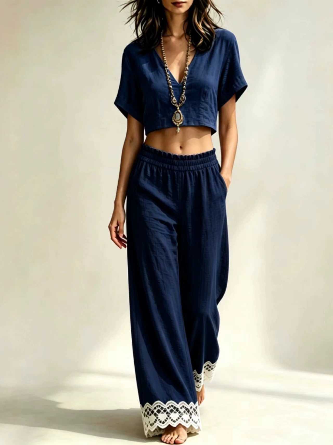 V-neck short-sleeve top and lace-trim wide-leg pants set