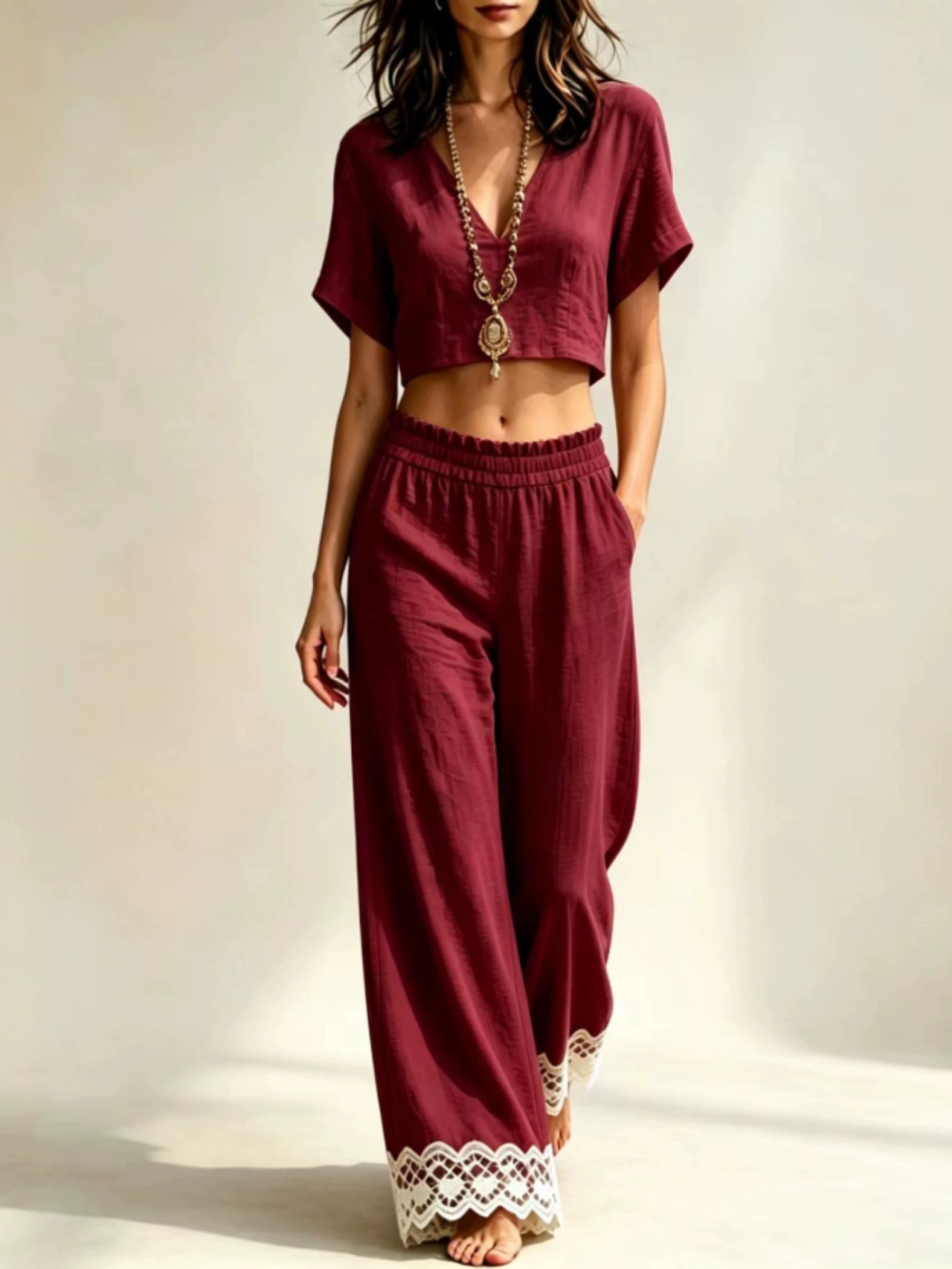 V-neck short-sleeve top and lace-trim wide-leg pants set