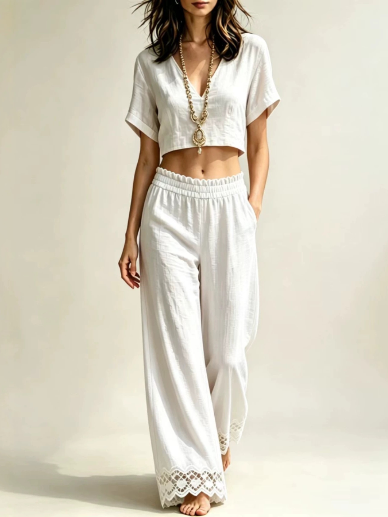 V-neck short-sleeve top and lace-trim wide-leg pants set
