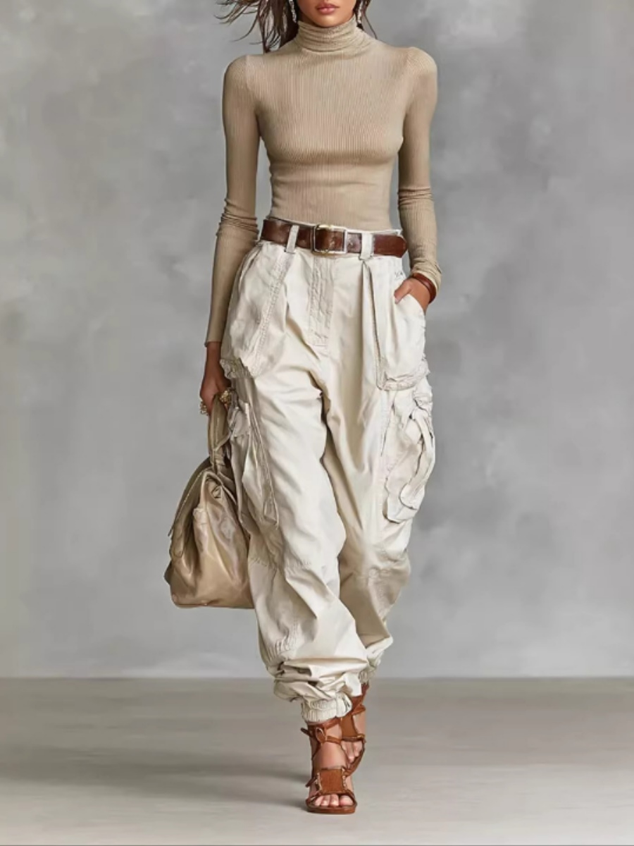 High-waist loose wide-leg cargo pants