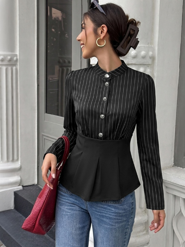 Striped waist-cinching patchwork long-sleeve shirt for commuting