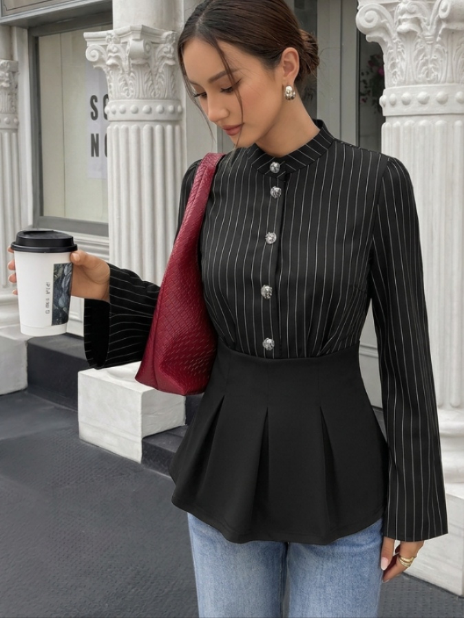 Striped waist-cinching patchwork long-sleeve shirt for commuting