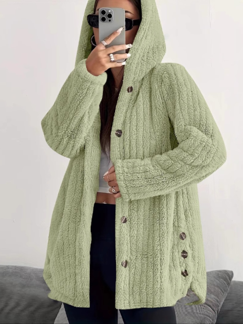Solid color long-sleeve hooded loose fluffy coat