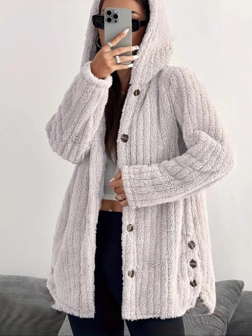 Solid color long-sleeve hooded loose fluffy coat