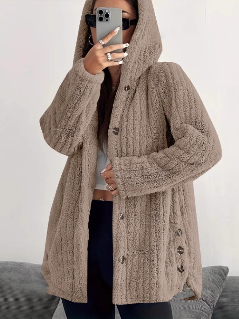 Solid color long-sleeve hooded loose fluffy coat