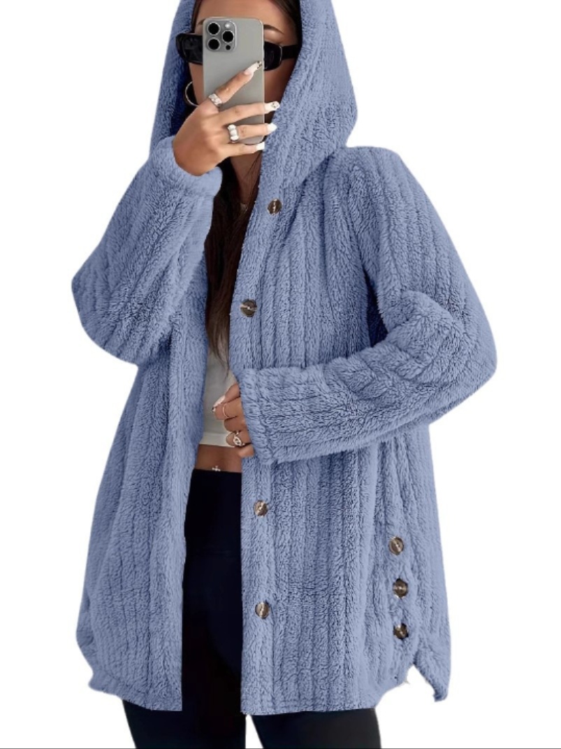 Solid color long-sleeve hooded loose fluffy coat