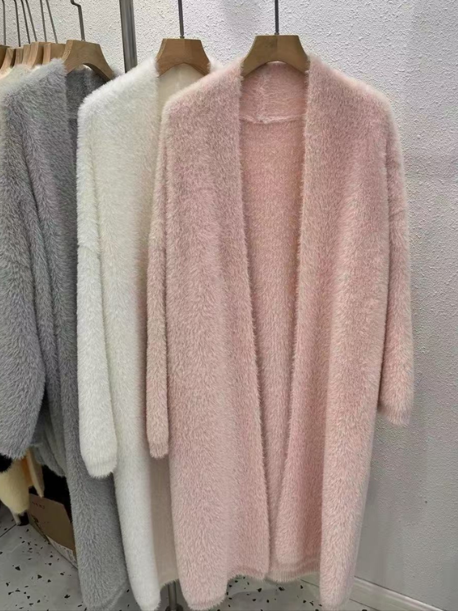 Solid Color Mink Velvet Long Loose Knit Cardigan