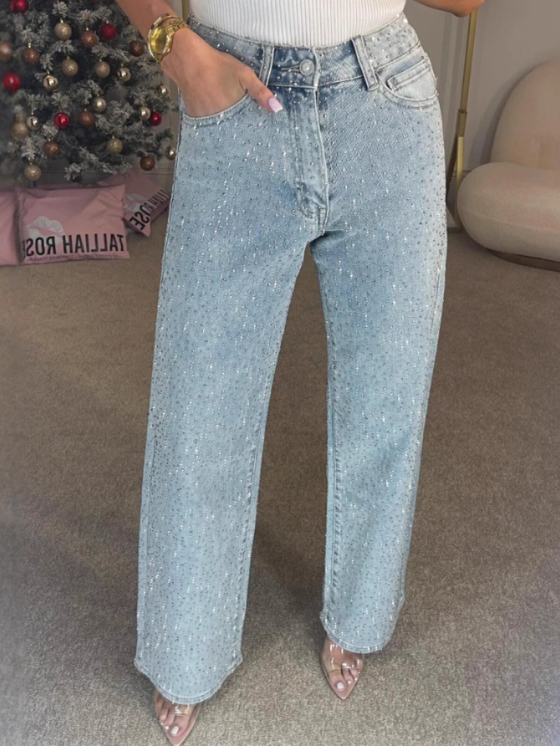 High-waist straight-leg washed jeans with rhinestone details