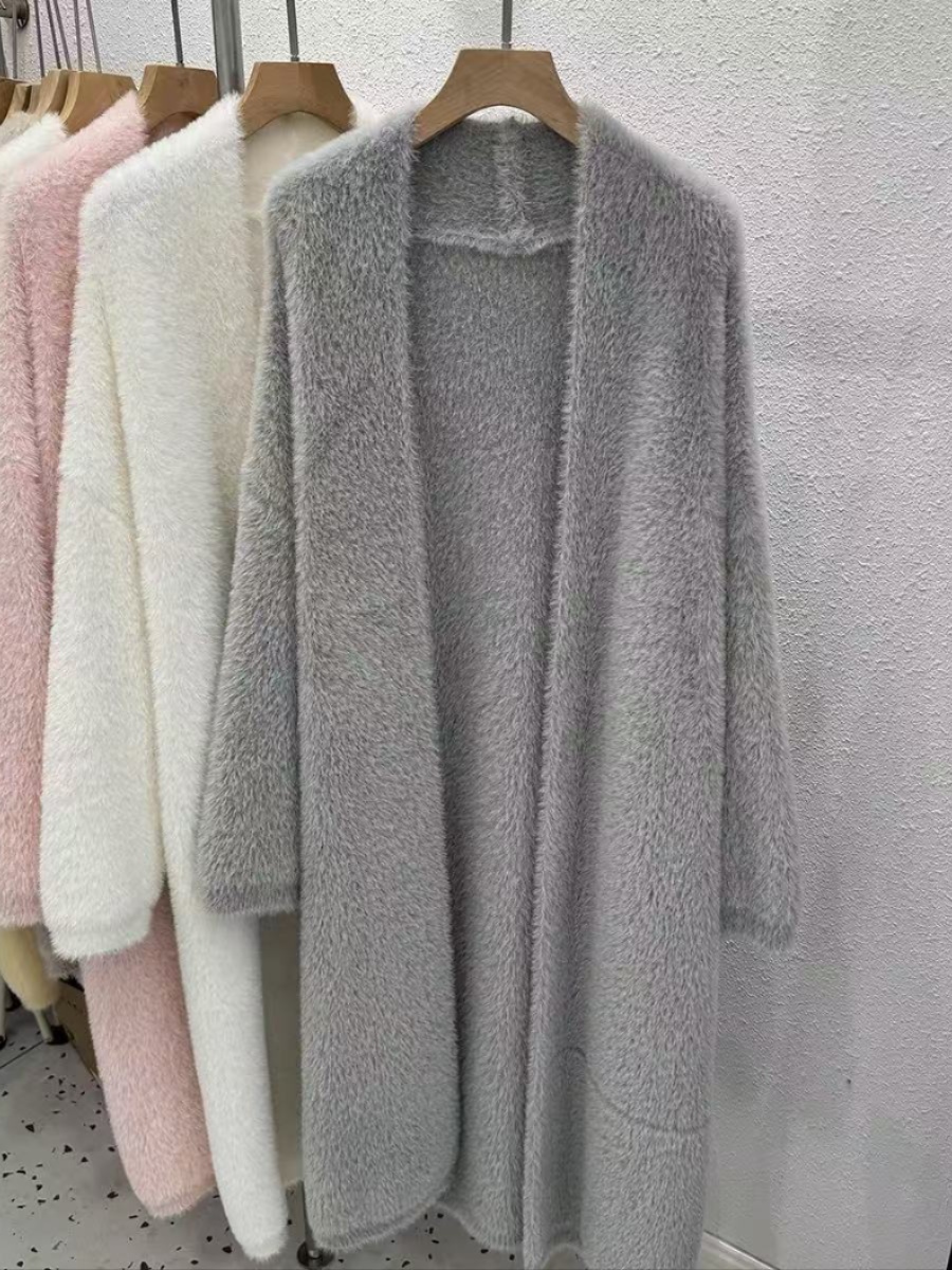 Solid Color Mink Velvet Long Loose Knit Cardigan