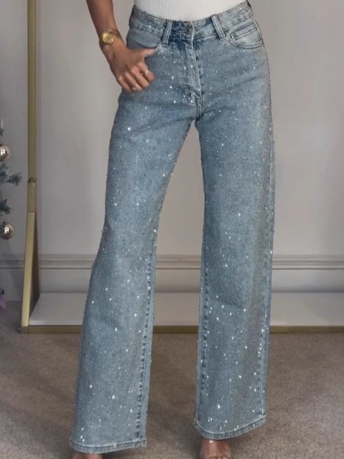 High-waist straight-leg washed jeans with rhinestone details