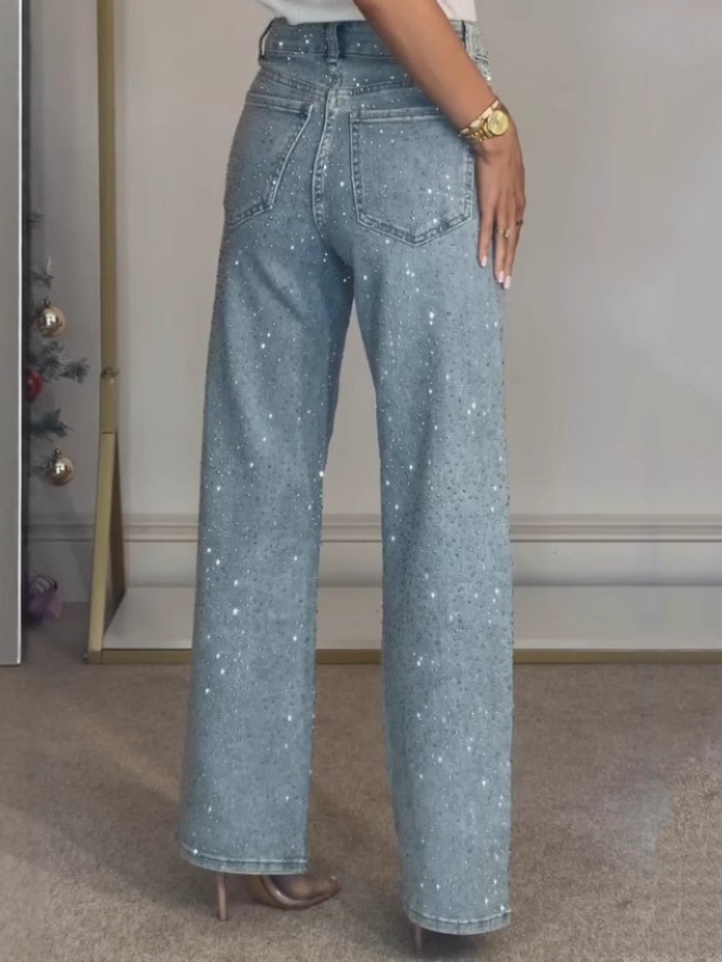 High-waist straight-leg washed jeans with rhinestone details