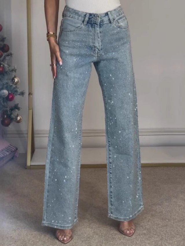 High-waist straight-leg washed jeans with rhinestone details