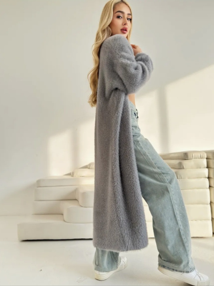 Solid Color Mink Velvet Long Loose Knit Cardigan