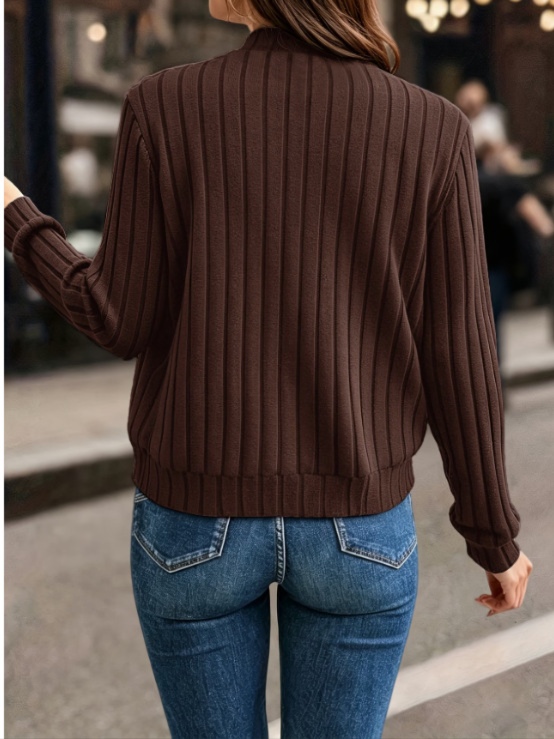 Solid Ribbed Zipper Long-Sleeve Jacket