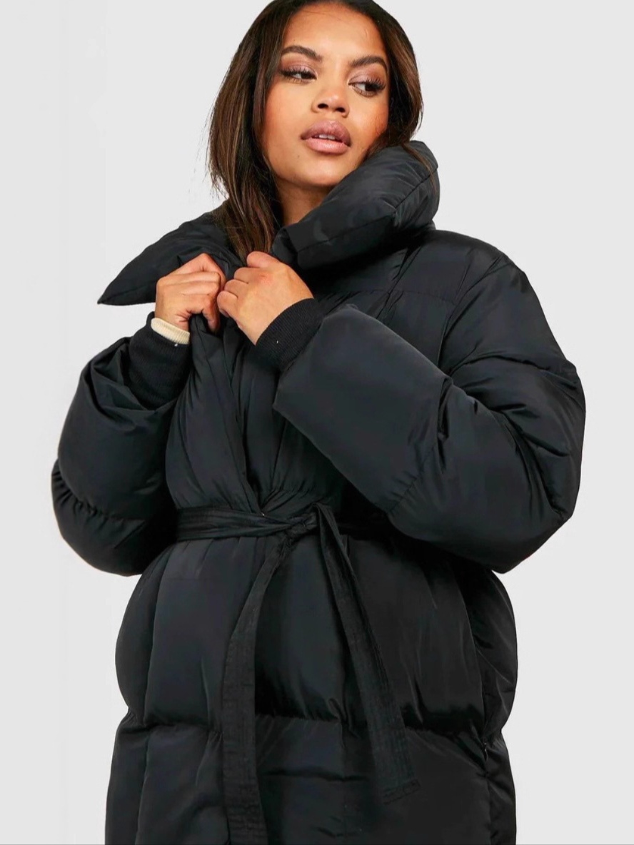 Warm long-sleeve cotton coat with cinched waist and tie belt