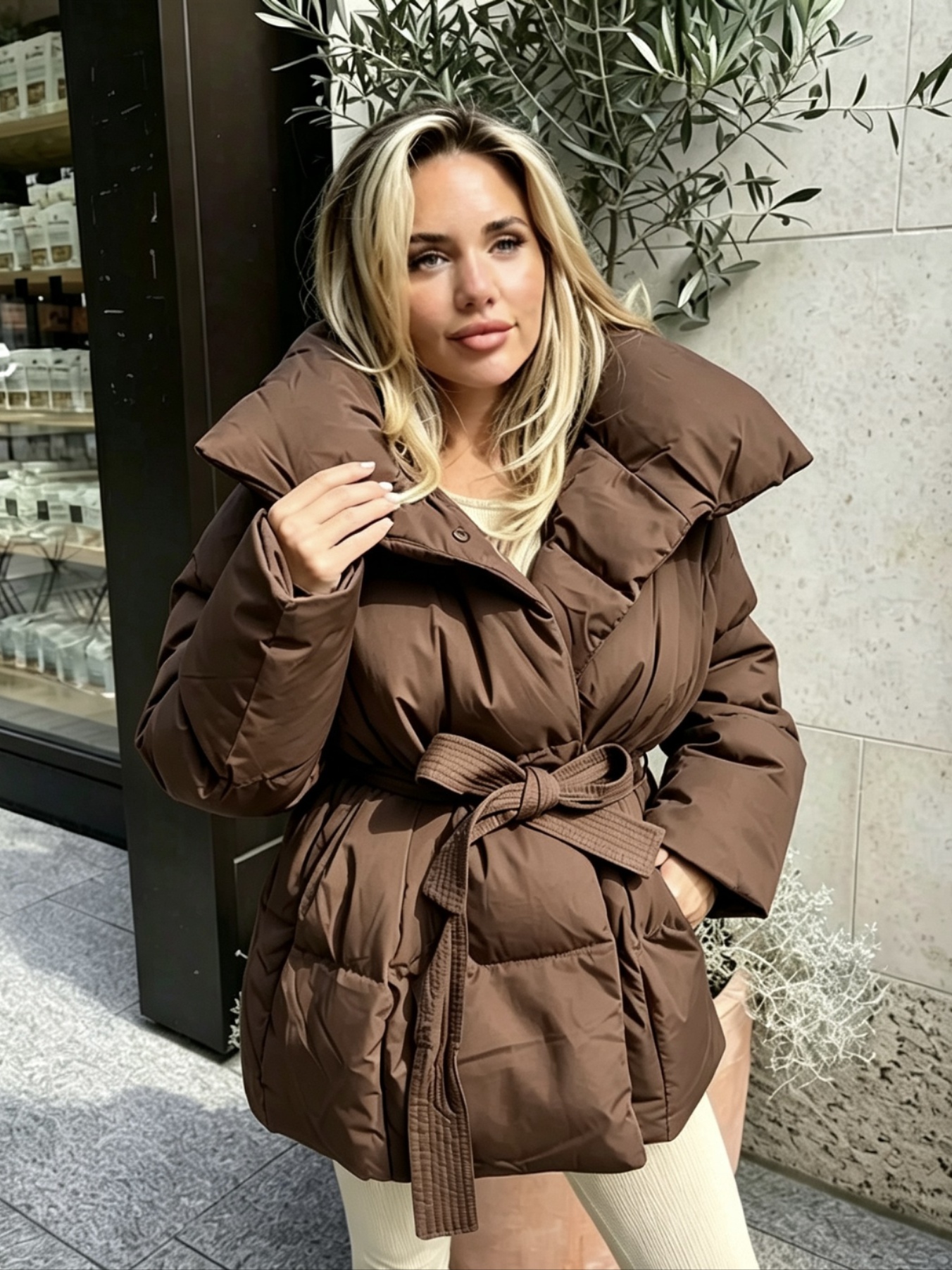 Warm long-sleeve cotton coat with cinched waist and tie belt