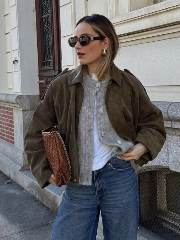 Fashion suede-texture bomber jacket