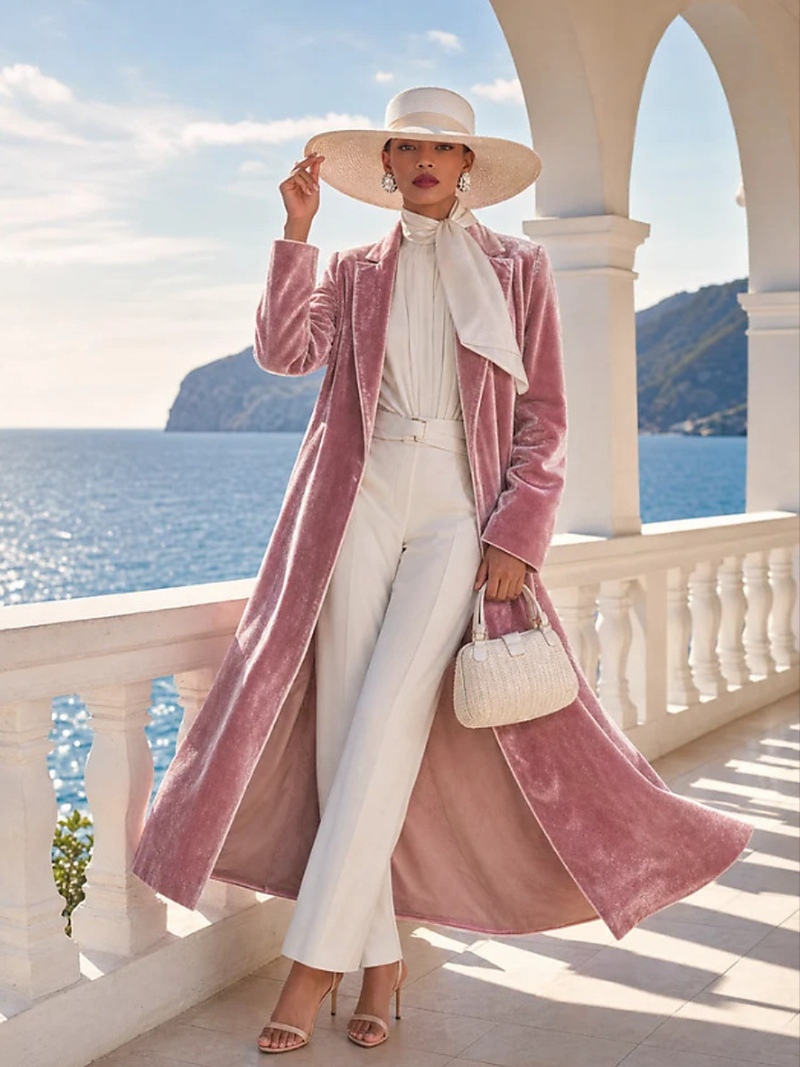 Velvet Long Coat with Lapel Collar – Over-Knee Outerwear