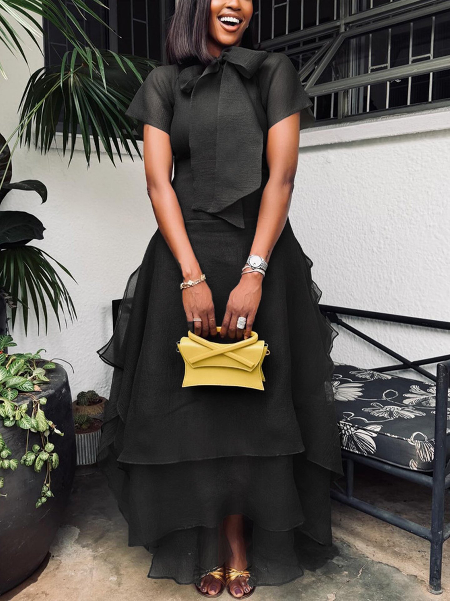 Vintage Elegant Pleated Short-Sleeve Long Dress