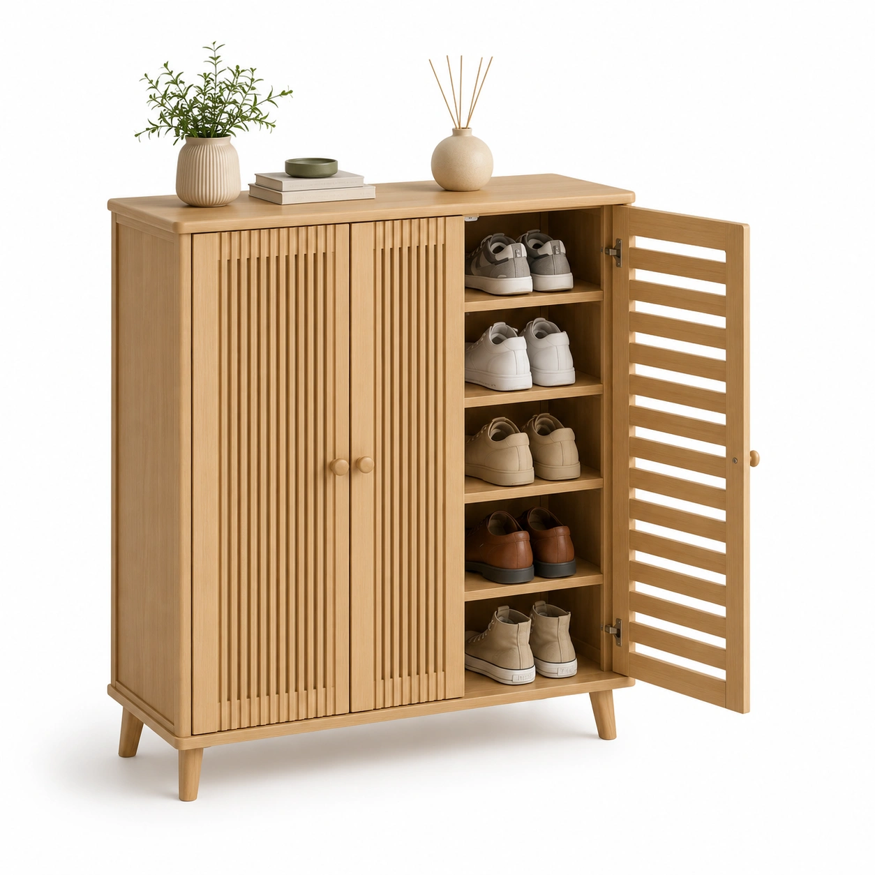 Armario zapatero de madera con puertas dobles y estantes laterales-Hausvella
