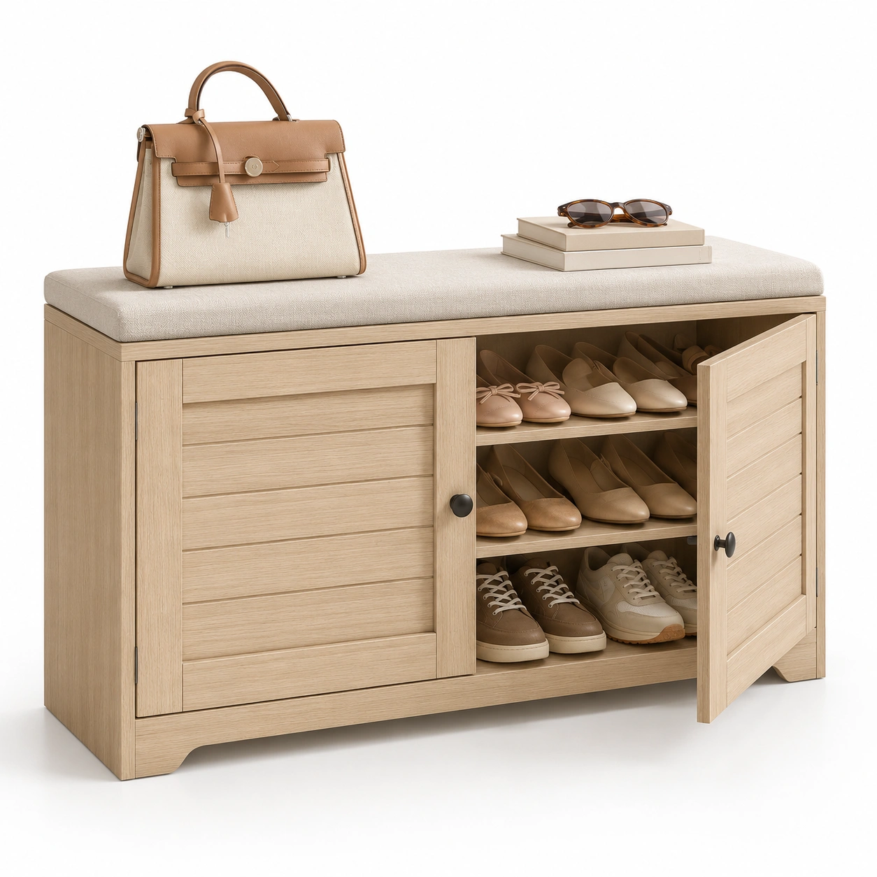 Banco zapatero de madera con asiento acolchado y puertas-Hausvella