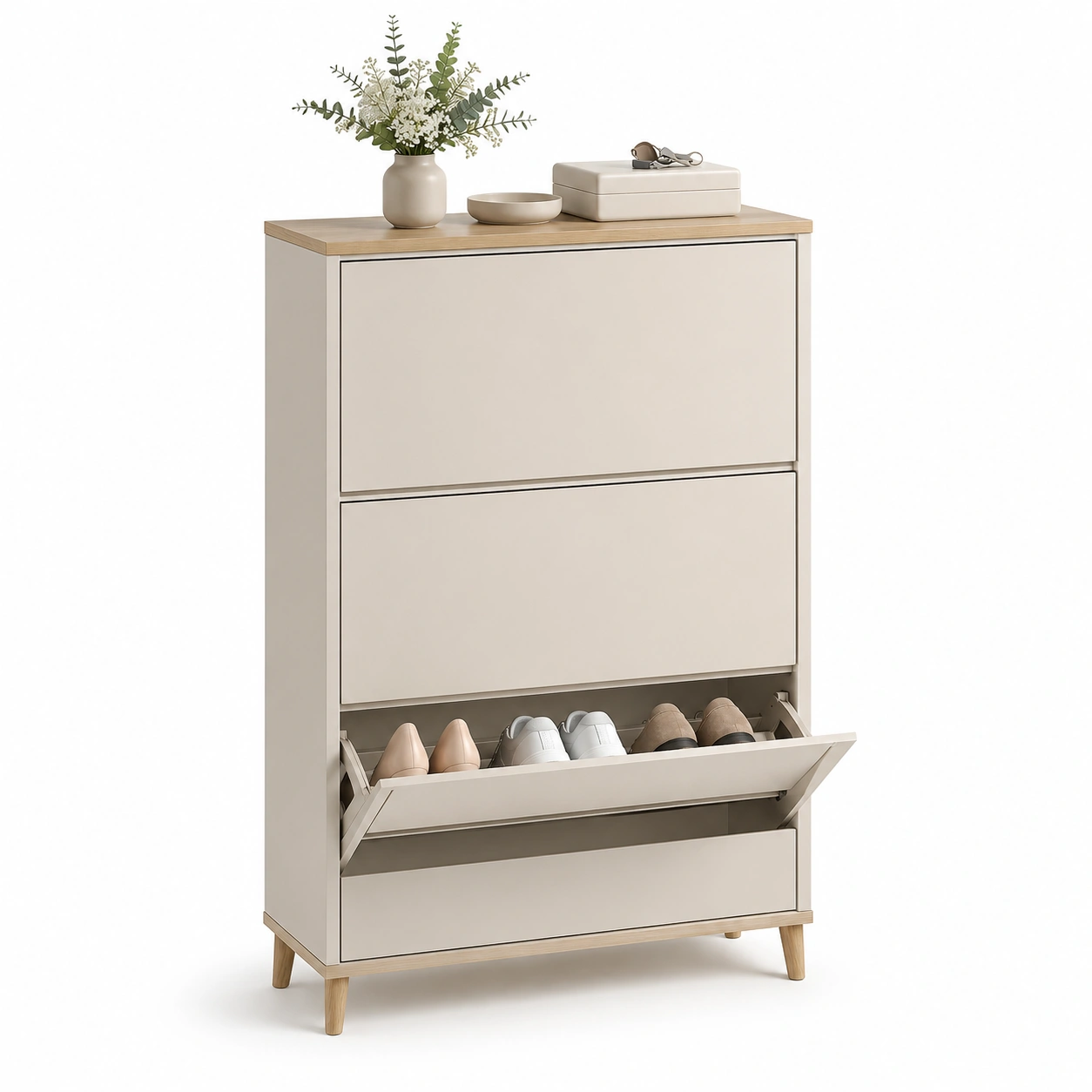 Zapatero vertical de 3 compartimentos abatibles beige-Hausvella